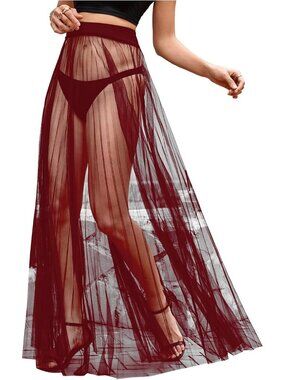 Women Burgundy Sheer Mesh High Waist See Through Flowy Lace Cover Up Maxi Skirt
